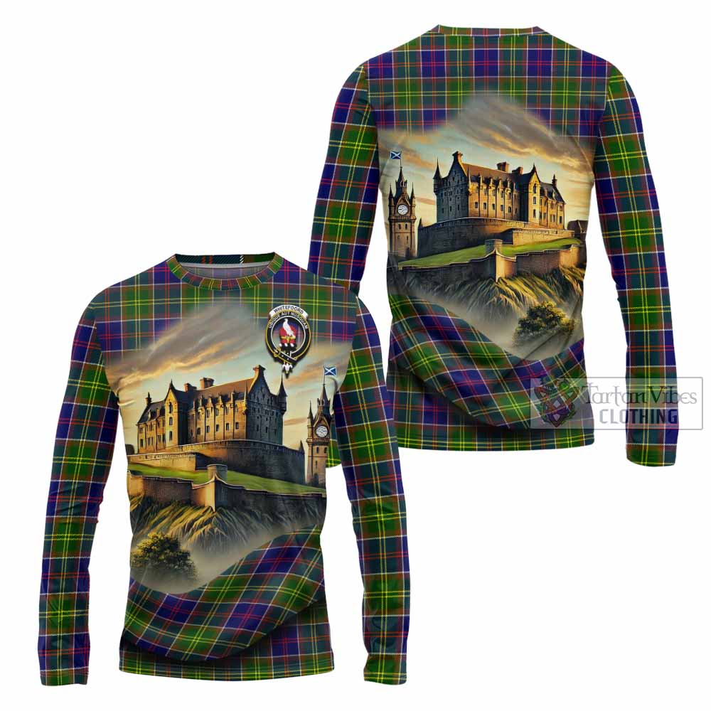 Whitefoord Tartan Family Crest Long Sleeve T-Shirt with Scottish Ancient Castle Style - Tartan Vibes Clothing