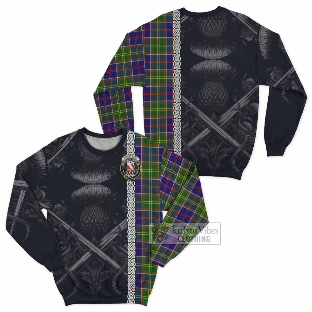 Whitefoord Tartan Sweatshirt with Family Crest Cross Sword Thistle Celtic Vibes - Tartan Vibes Clothing
