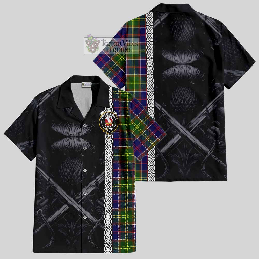 Whitefoord Tartan Hawaiian Shirt with Family Crest Cross Sword Thistle Celtic Vibes - Tartan Vibes Clothing