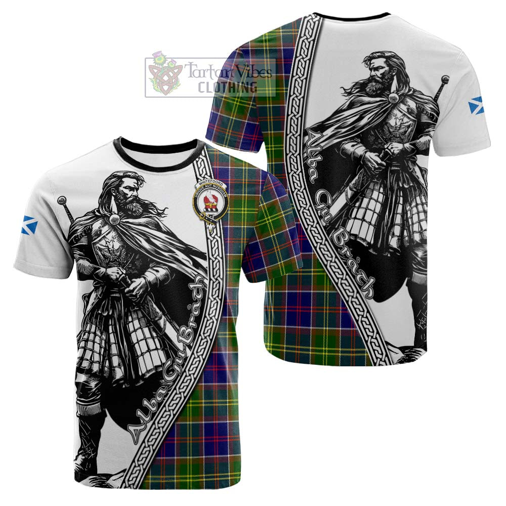 Whitefoord Tartan Clan Crest Cotton T-shirt with Highlander Warrior Celtic Style - Tartan Vibes Clothing
