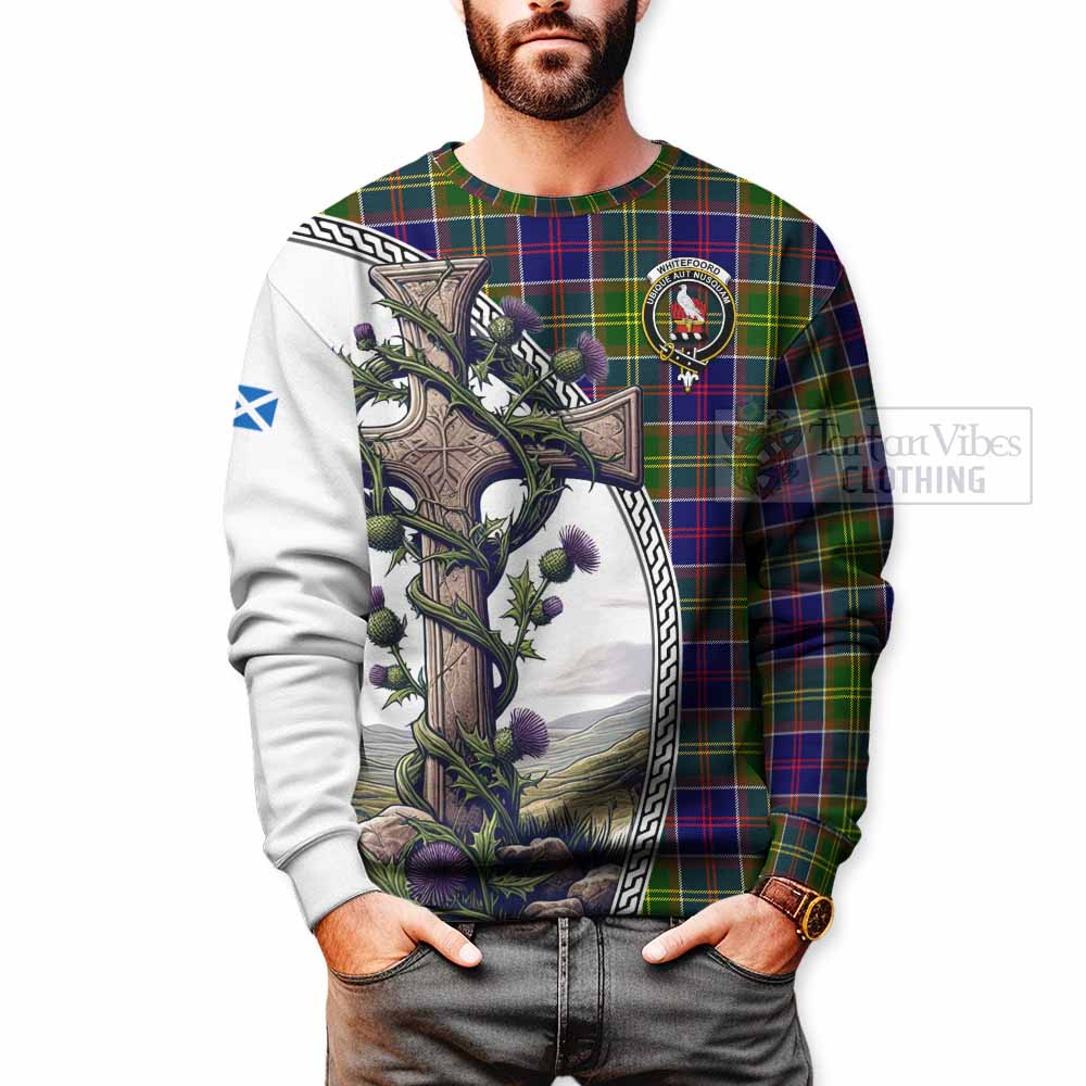 Whitefoord Tartan Sweatshirt with Family Crest and St. Andrew's Cross Accented by Thistle Vines - Tartan Vibes Clothing