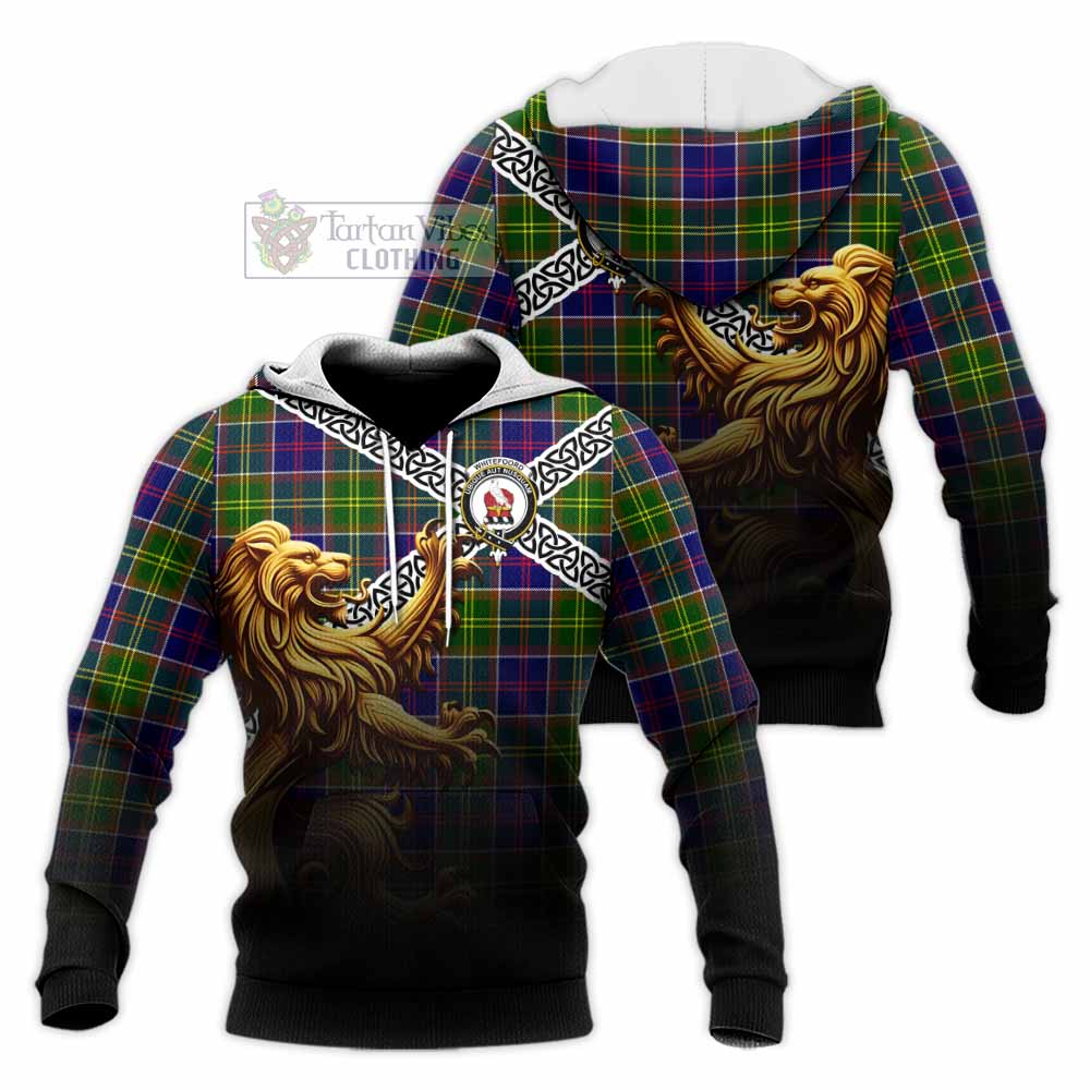 Whitefoord Crest Tartan Knitted Hoodie with Golden Lion Emblem Celtic Style - Tartan Vibes Clothing