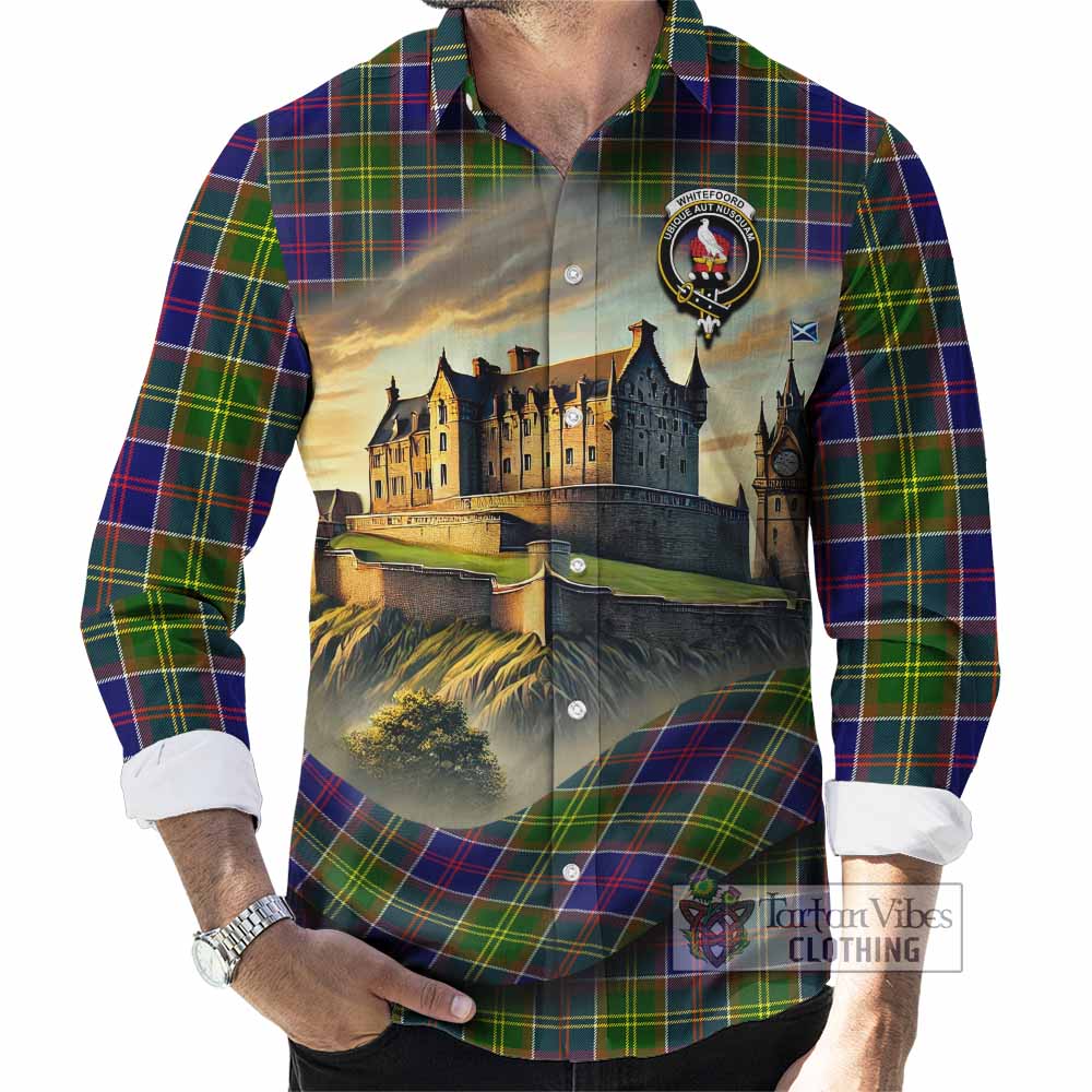 Tartan Vibes Clothing Whitefoord Tartan Family Crest Long Sleeve Button Shirt with Scottish Ancient Castle Style