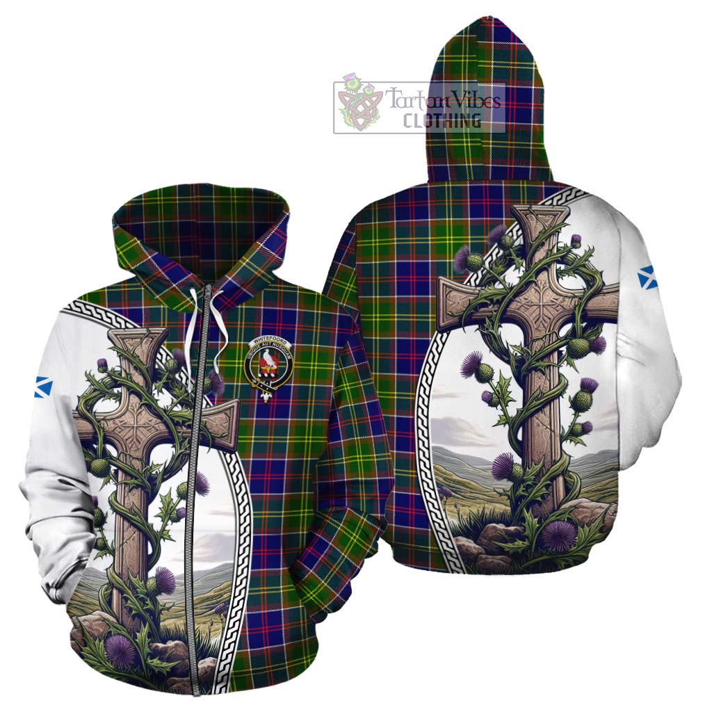 Tartan Vibes Clothing Whitefoord Tartan Cotton Hoodie with Family Crest and St. Andrew's Cross Accented by Thistle Vines
