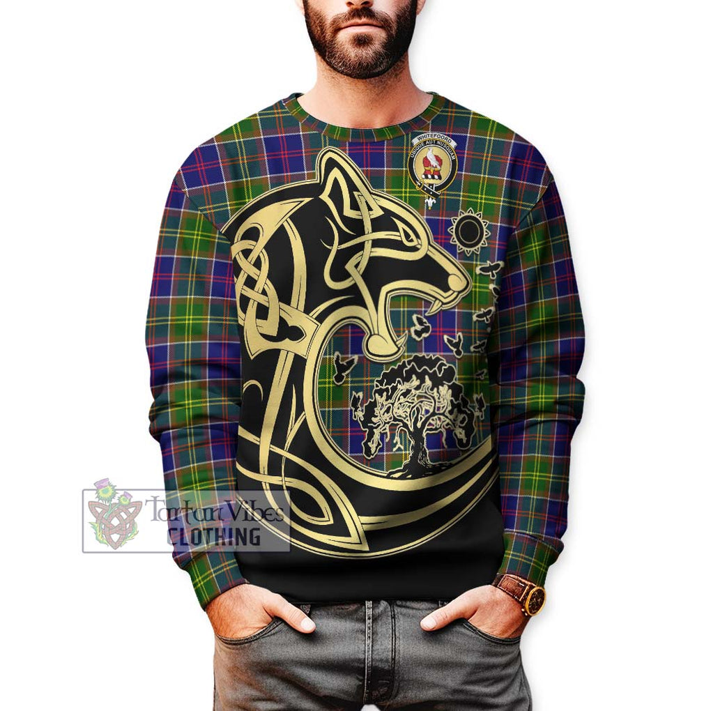 Whitefoord Tartan Sweatshirt with Family Crest Celtic Wolf Style Unisex - Tartan Vibes Clothing