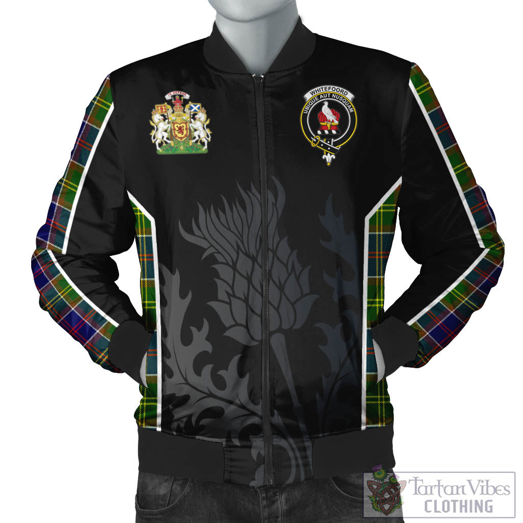 Whitefoord Tartan Bomber Jacket with Family Crest and Scottish Thistle Vibes Sport Style Unisex Black - Tartan Vibes Clothing