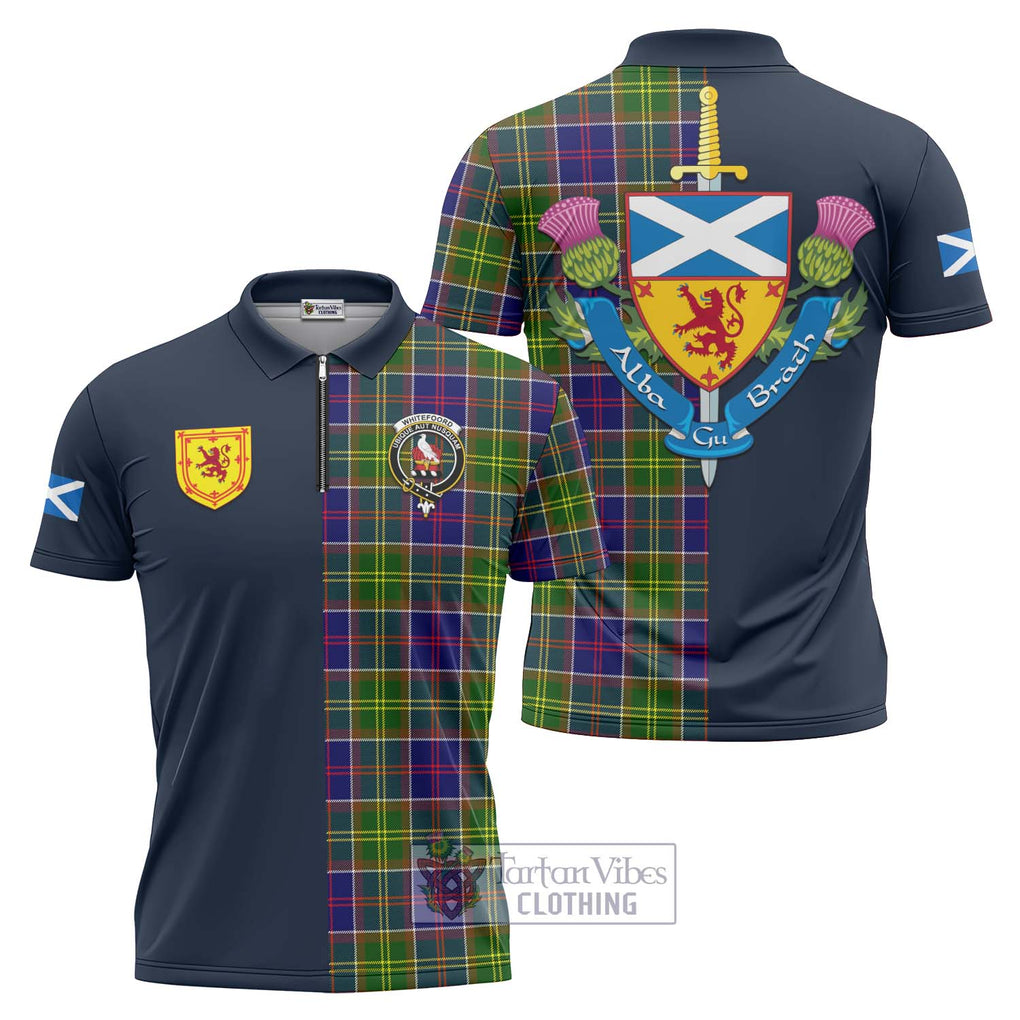 Whitefoord Tartan Zipper Polo Shirt Alba with Scottish Lion Royal Arm Half Style Unisex - Tartan Vibes Clothing