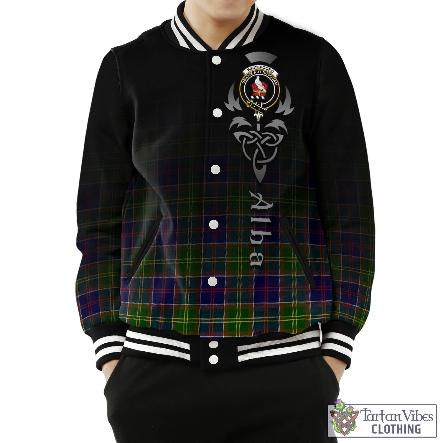 Whitefoord Tartan Baseball Jacket Featuring Alba Gu Brath Family Crest Celtic Inspired Unisex - Tartan Vibes Clothing