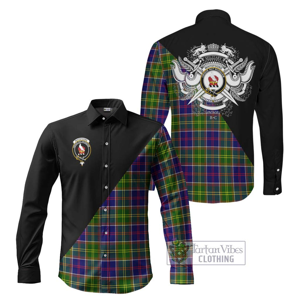 Whitefoord Tartan Long Sleeve Button Shirt with Family Crest and Military Logo Style Men's Shirt S - Tartanvibesclothing Shop
