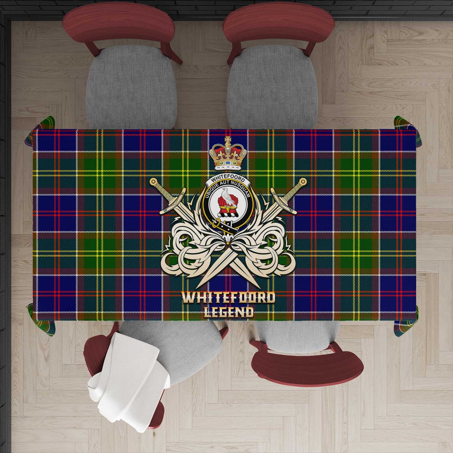 Tartan Vibes Clothing Whitefoord Modern Tartan Tablecloth with Clan Crest and the Golden Sword of Courageous Legacy
