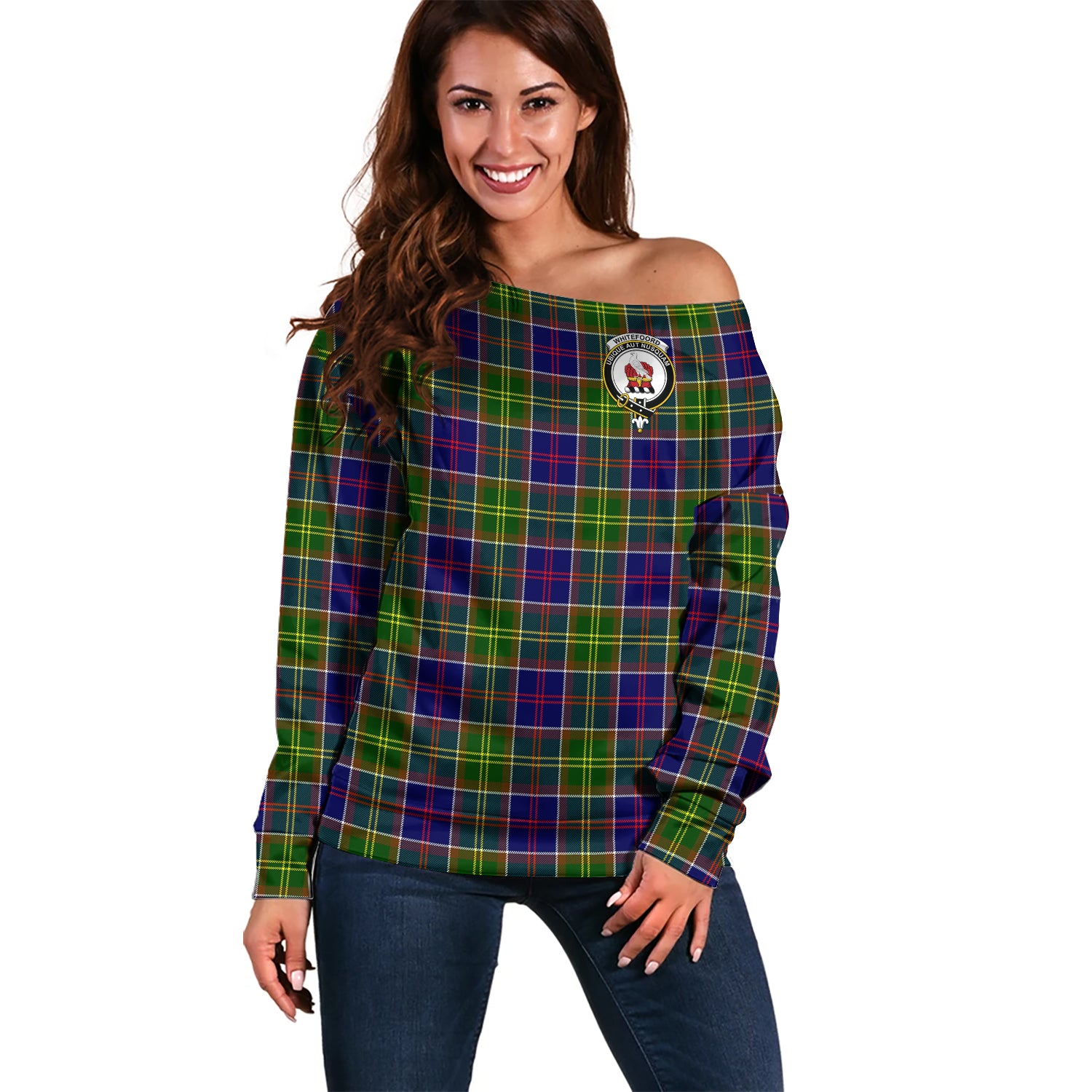 Whitefoord Modern Tartan Off Shoulder Women Sweater with Family Crest Women - Tartanvibesclothing Shop