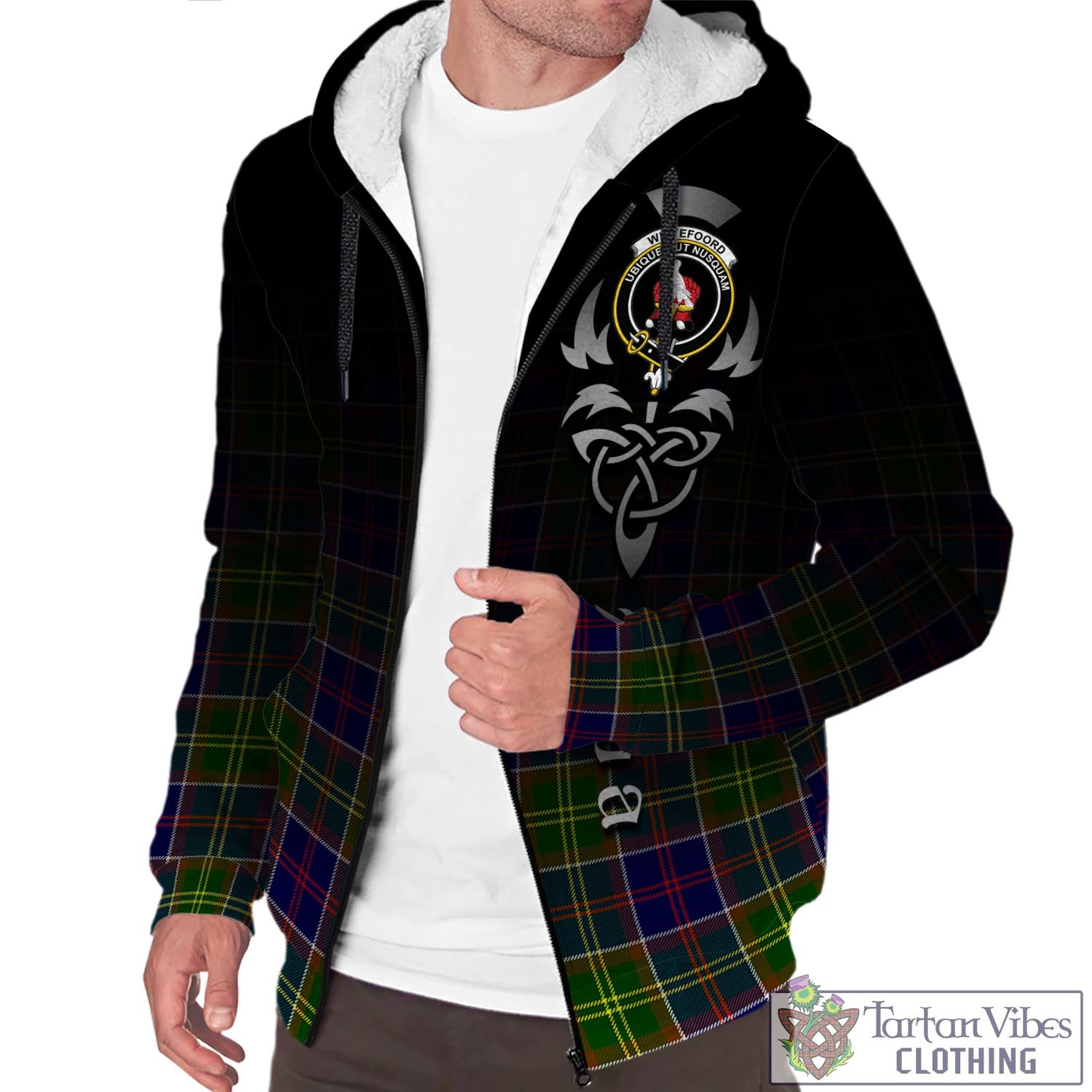 Tartan Vibes Clothing Whitefoord Modern Tartan Sherpa Hoodie Featuring Alba Gu Brath Family Crest Celtic Inspired