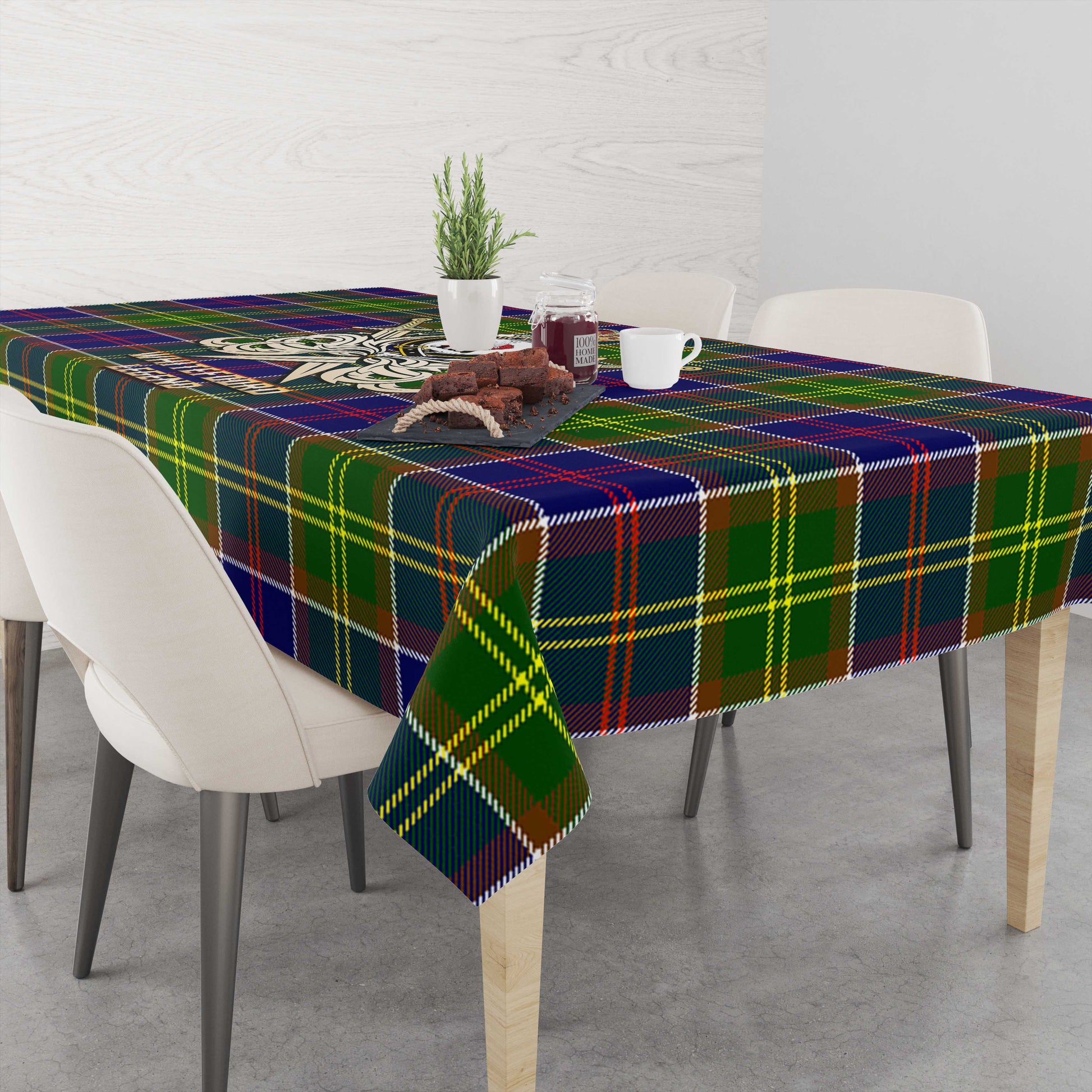 Tartan Vibes Clothing Whitefoord Modern Tartan Tablecloth with Clan Crest and the Golden Sword of Courageous Legacy