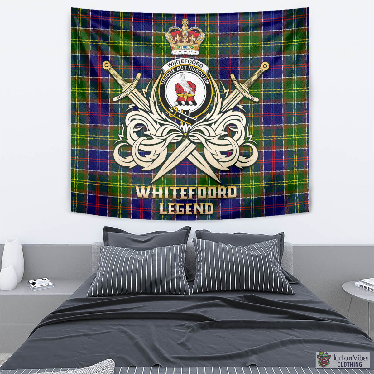 Tartan Vibes Clothing Whitefoord Modern Tartan Tapestry with Clan Crest and the Golden Sword of Courageous Legacy