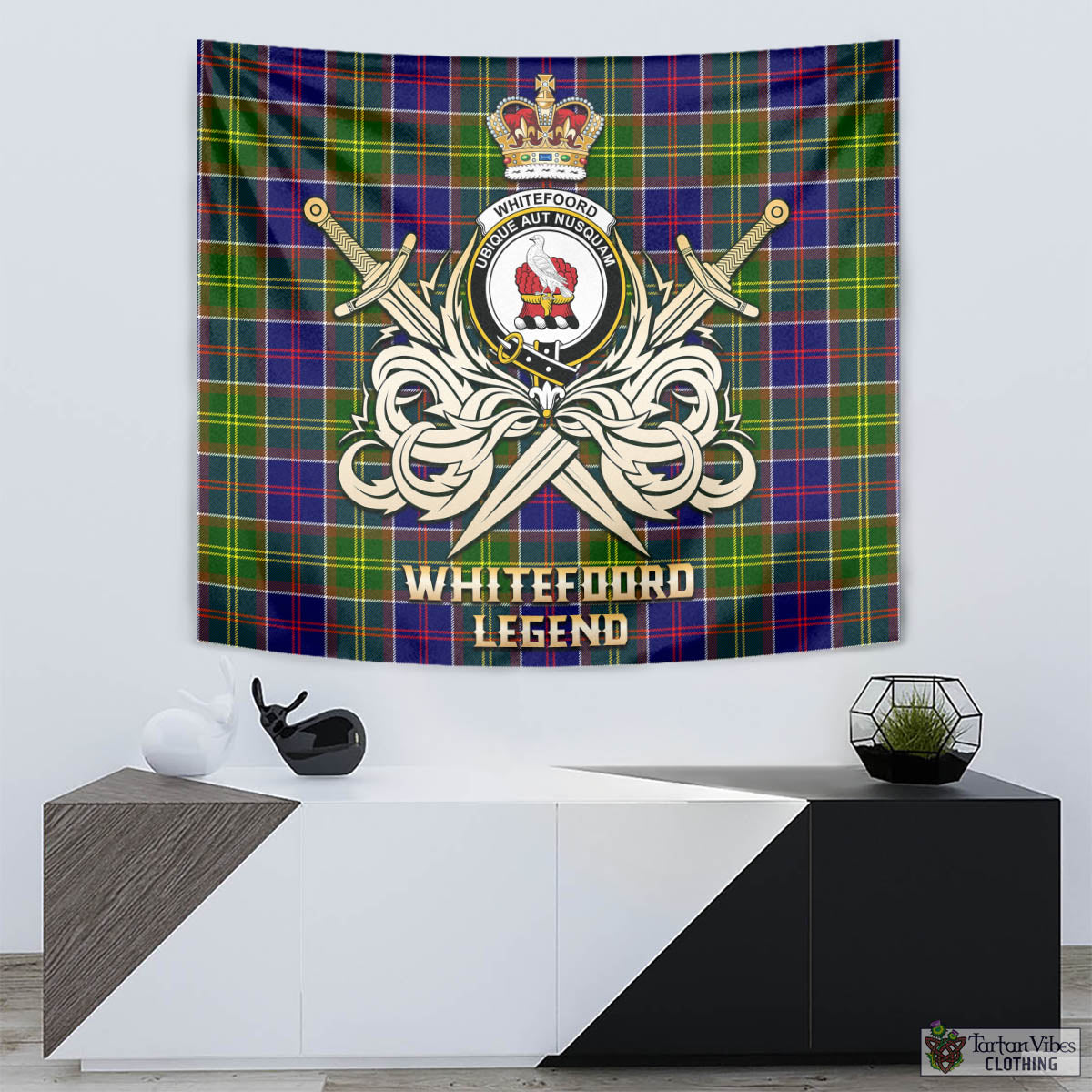 Tartan Vibes Clothing Whitefoord Modern Tartan Tapestry with Clan Crest and the Golden Sword of Courageous Legacy