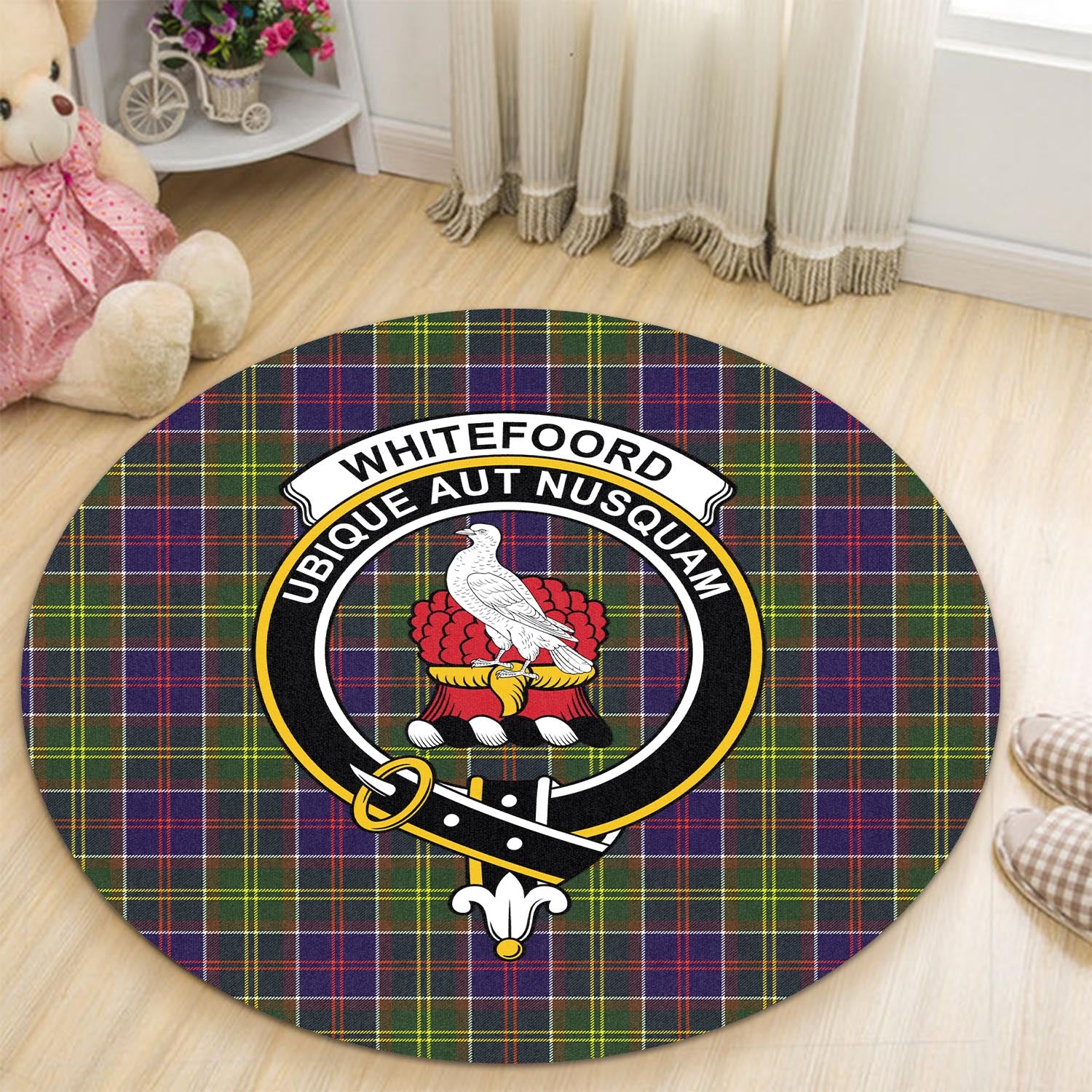 Whitefoord Tartan Round Rug with Family Crest - Tartan Vibes Clothing