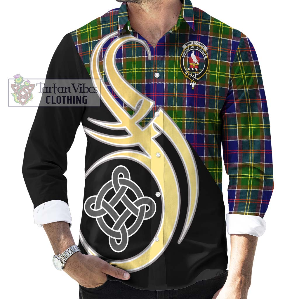 Whitefoord Tartan Long Sleeve Button Shirt with Family Crest and Celtic Symbol Style - Tartan Vibes Clothing