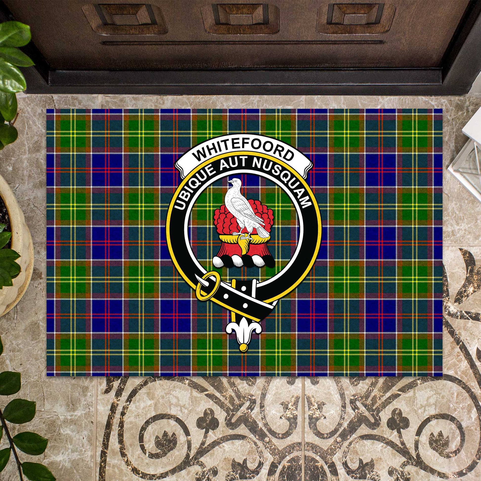 Whitefoord Modern Tartan Door Mat with Family Crest - Tartanvibesclothing Shop