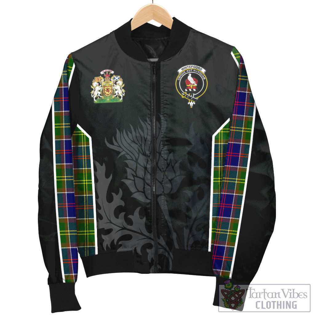 Whitefoord Tartan Bomber Jacket with Family Crest and Scottish Thistle Vibes Sport Style - Tartan Vibes Clothing