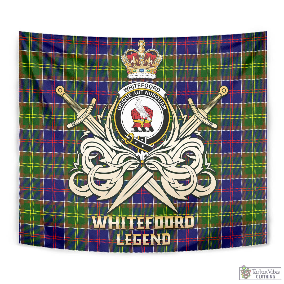 Tartan Vibes Clothing Whitefoord Modern Tartan Tapestry with Clan Crest and the Golden Sword of Courageous Legacy