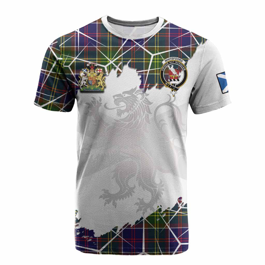 Whitefoord Tartan Cotton T-shirt with Family Crest and Lion Rampant Grunge Style