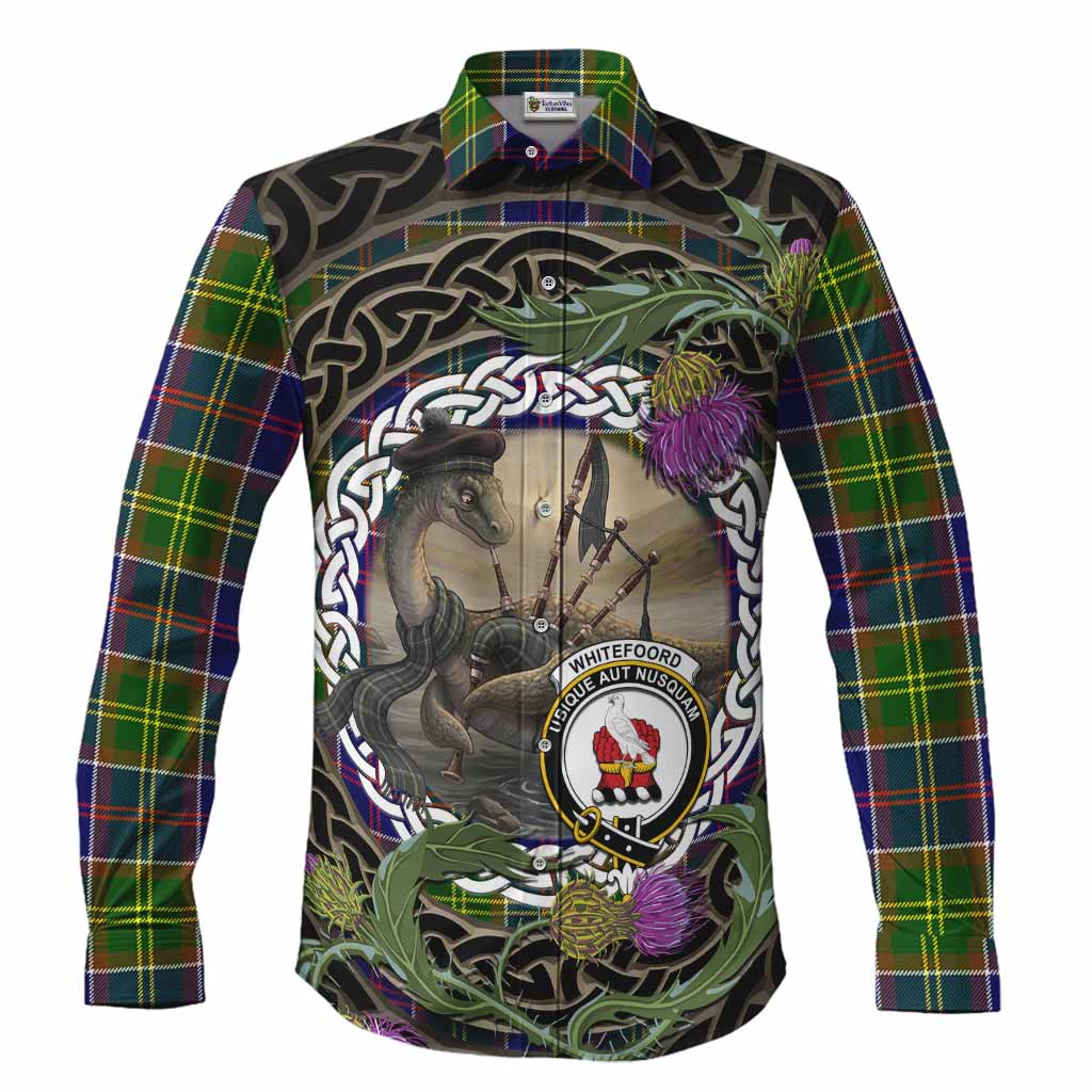 Whitefoord Tartan Crest Bagpipe Nessie Long Sleeve Button Shirts Scottish Loch Ness Monster Celtic Thistle