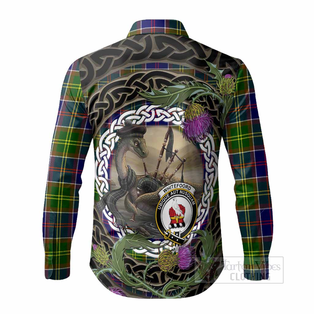 Whitefoord Tartan Crest Bagpipe Nessie Long Sleeve Button Shirts Scottish Loch Ness Monster Celtic Thistle