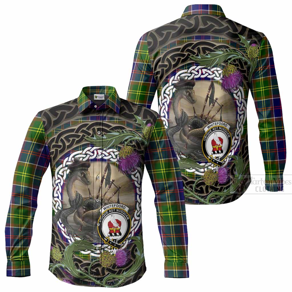 Whitefoord Tartan Crest Bagpipe Nessie Long Sleeve Button Shirts Scottish Loch Ness Monster Celtic Thistle