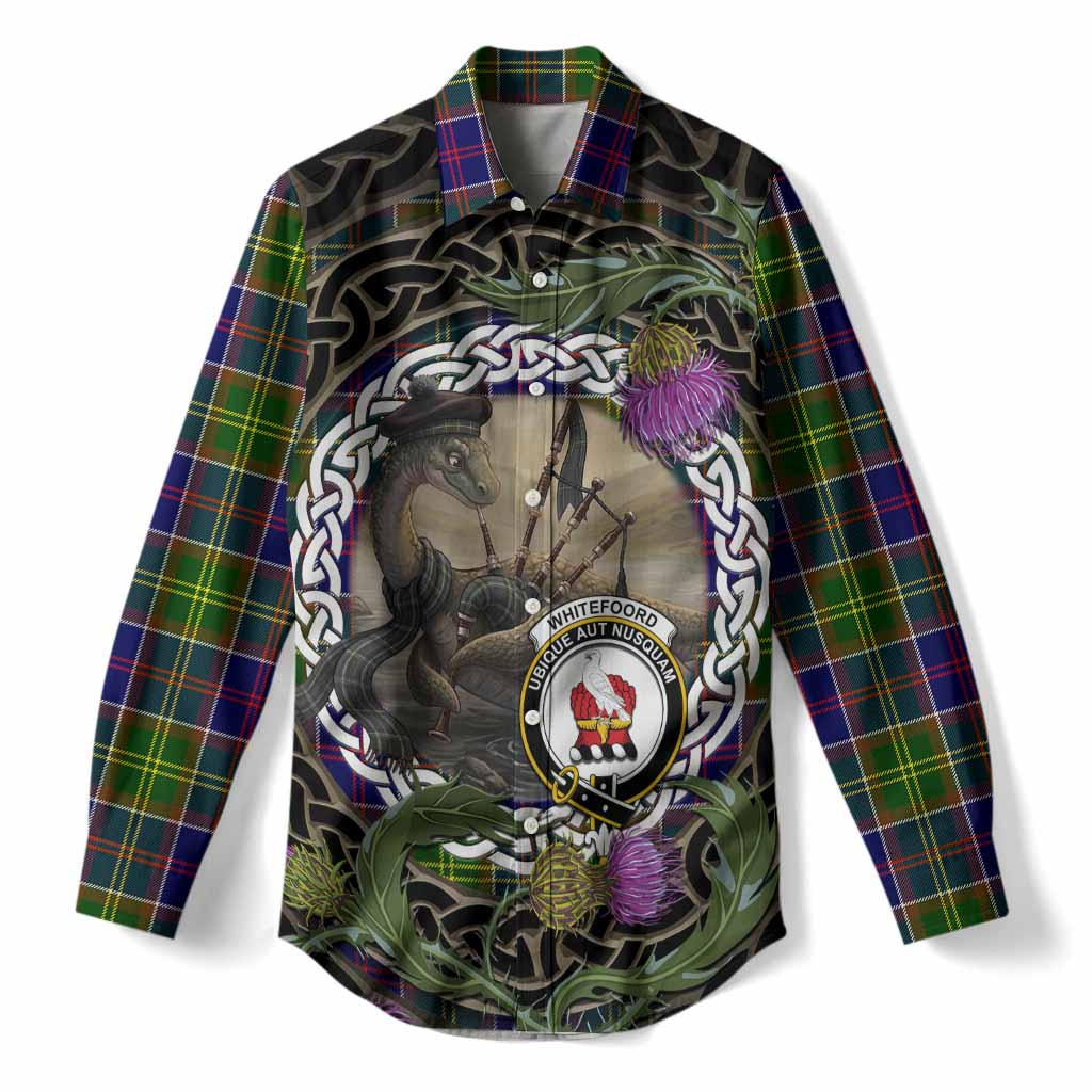 Whitefoord Tartan Crest Bagpipe Nessie Women Casual Shirt Scottish Loch Ness Monster Celtic Thistle