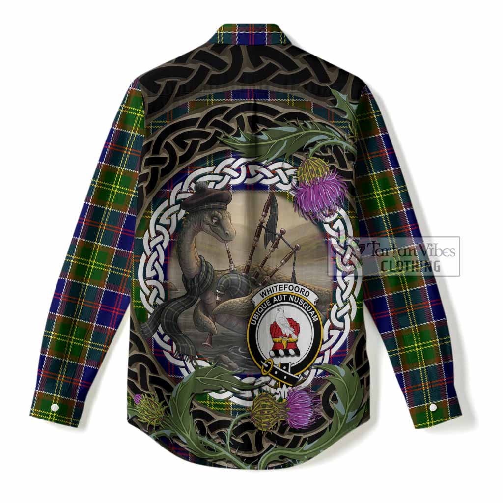 Whitefoord Tartan Crest Bagpipe Nessie Women Casual Shirt Scottish Loch Ness Monster Celtic Thistle