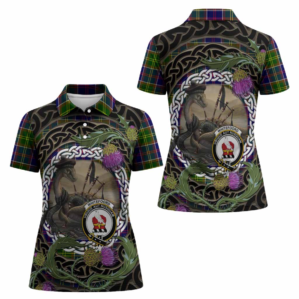 Whitefoord Tartan Crest Bagpipe Nessie Women Polo Shirt Scottish Loch Ness Monster Celtic Thistle