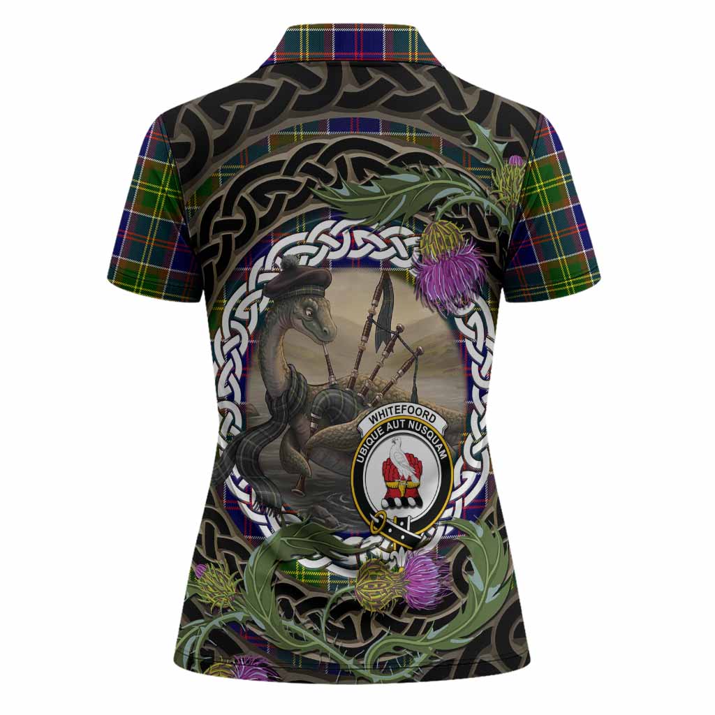 Whitefoord Tartan Crest Bagpipe Nessie Women Polo Shirt Scottish Loch Ness Monster Celtic Thistle
