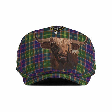 Whitefoord Tartan Crest Flat Cap, Jeff Cap Scotland Heilan Coo Tartan Seamless Style