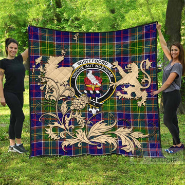 Whitefoord Tartan Crest Premium Quilt with Scottish Iconic Symbols 