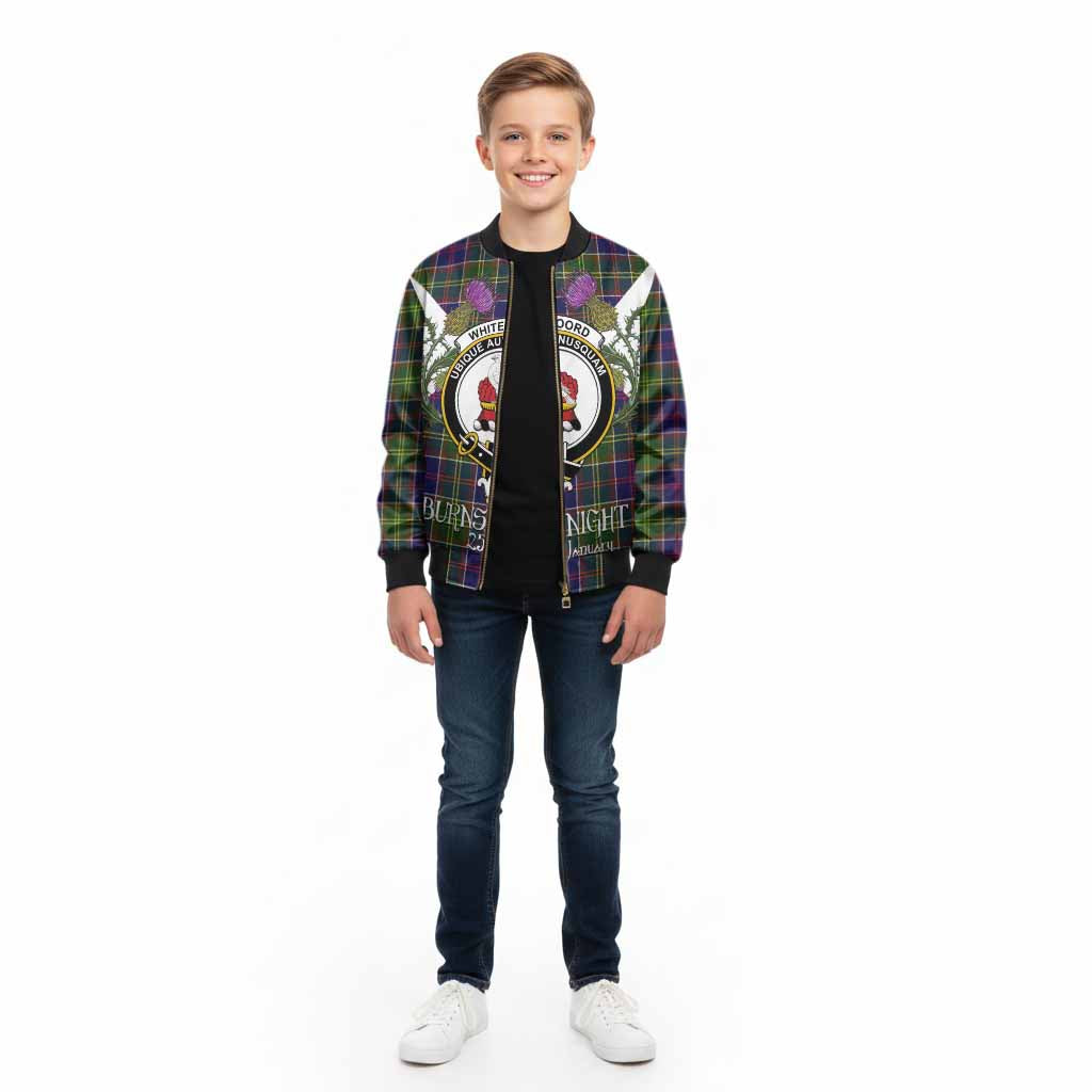 Whitefoord Tartan Family Crest Kid Bomber Jacket Scottish Burns Night Thistle Floral