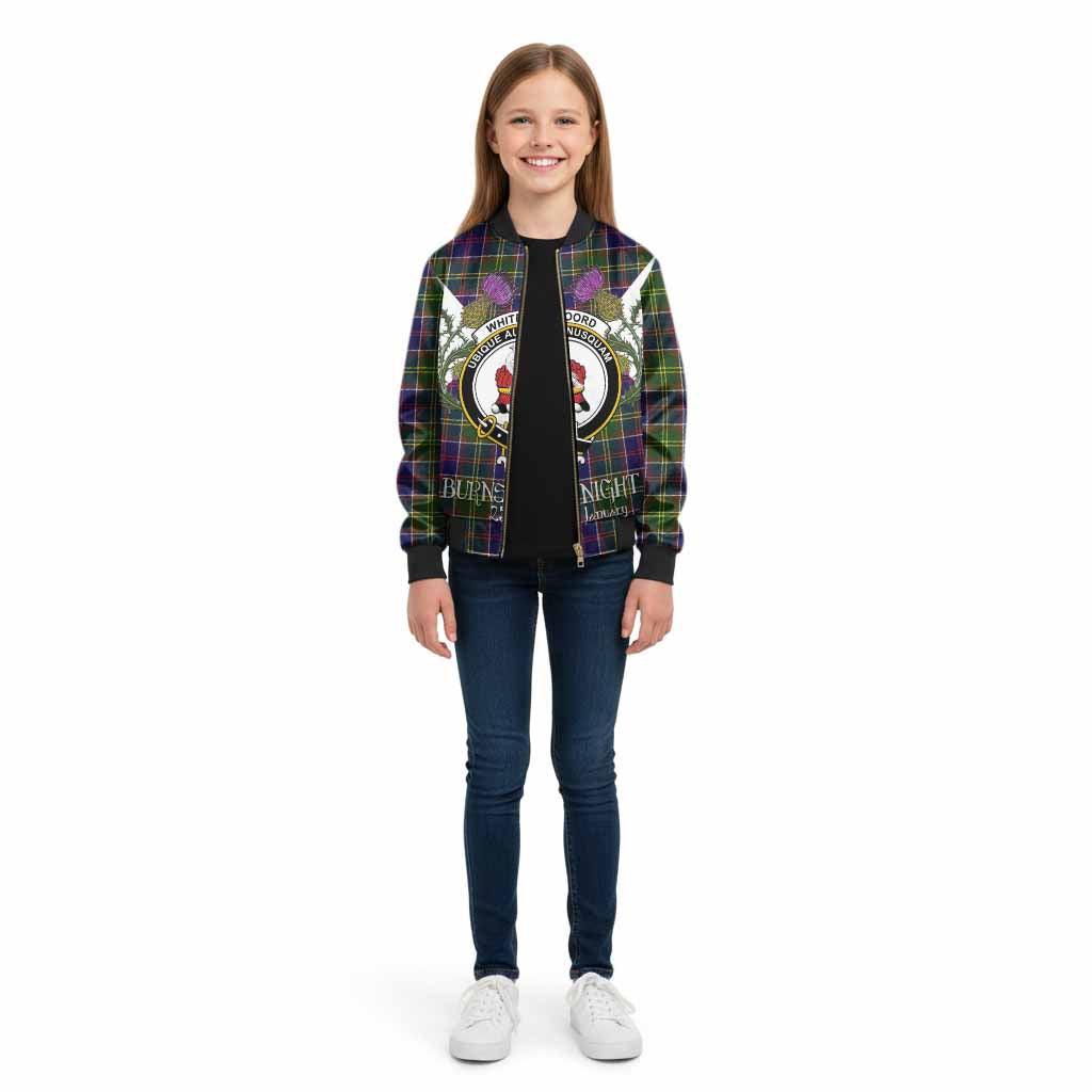 Whitefoord Tartan Family Crest Kid Bomber Jacket Scottish Burns Night Thistle Floral