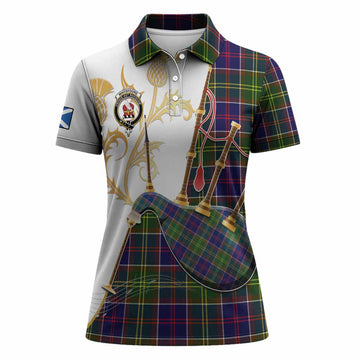 Whitefoord Tartan Family Crest Women Polo Shirt Bagpipes with Scottish Thistle