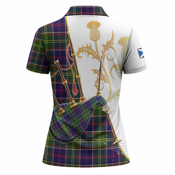 Whitefoord Tartan Family Crest Women Polo Shirt Bagpipes with Scottish Thistle
