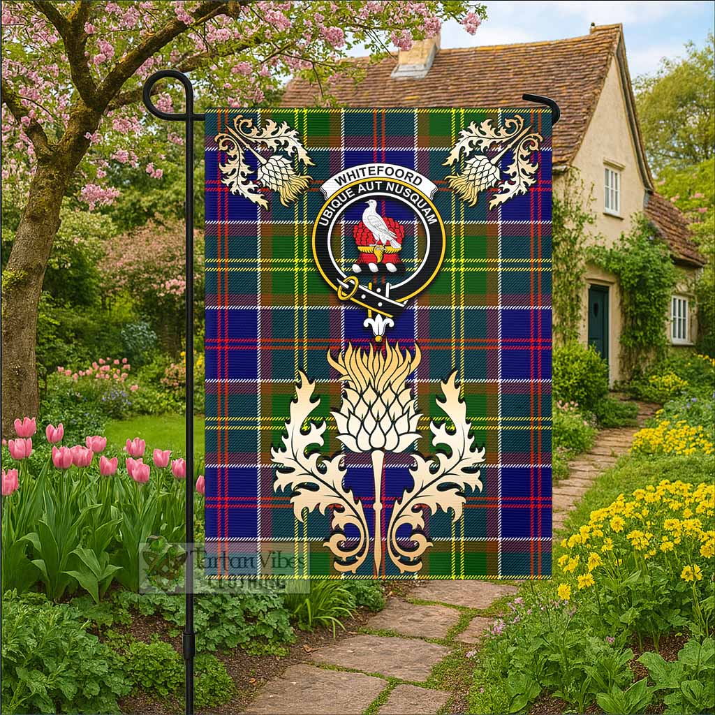 Whitefoord Tartan Garden Flag with Golden Regal Scottish Thistle Emblem - Tartan Vibes Clothing