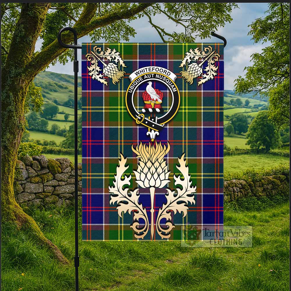 Whitefoord Tartan Garden Flag with Golden Regal Scottish Thistle Emblem - Tartan Vibes Clothing