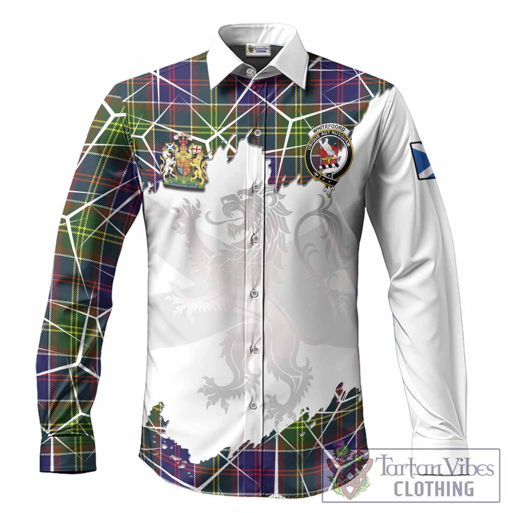 Whitefoord Tartan Long Sleeve Button Shirts with Family Crest and Lion Rampant Grunge Style