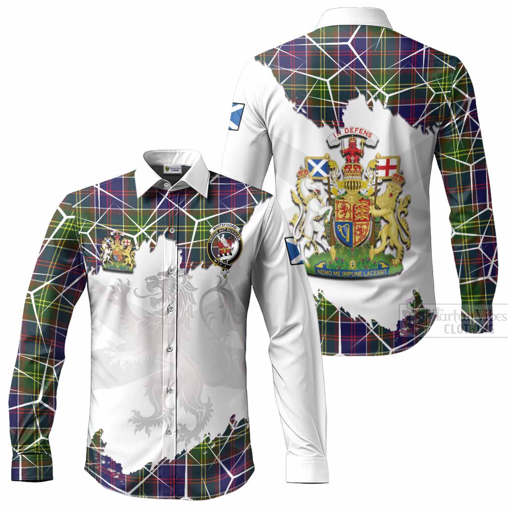 Whitefoord Tartan Long Sleeve Button Shirts with Family Crest and Lion Rampant Grunge Style