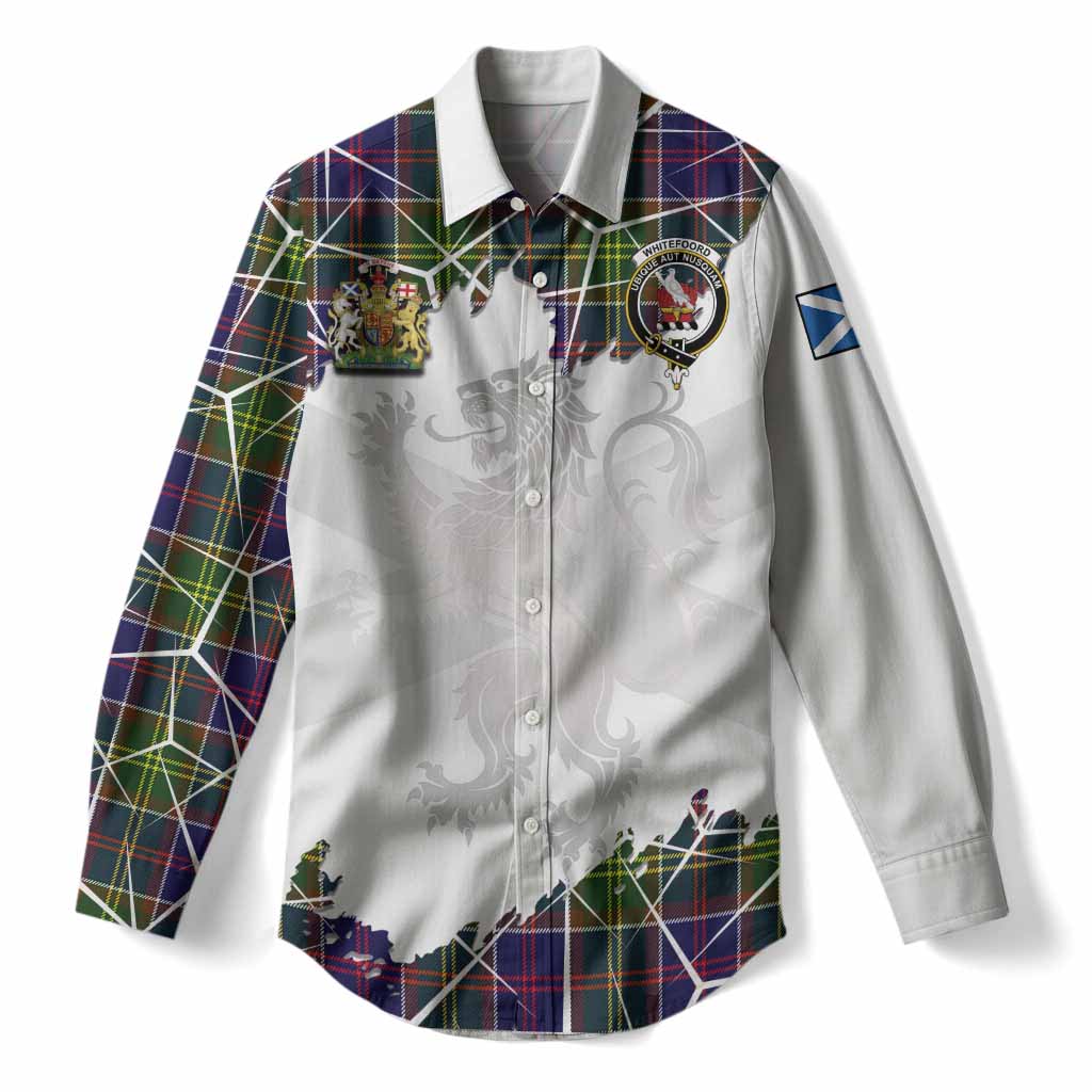 Whitefoord Tartan Women Casual Shirt with Family Crest and Lion Rampant Grunge Style