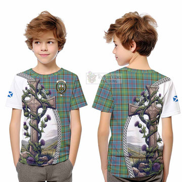 Whitelaw Tartan Kid T-Shirt with Family Crest and St. Andrew's Cross Accented by Thistle Vines Youth XL Size14 - Tartan Vibes Clothing