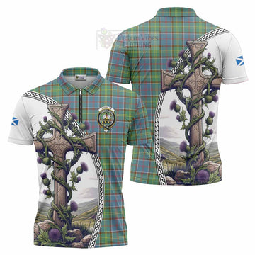 Whitelaw Tartan Zipper Polo Shirt with Family Crest and St. Andrew's Cross Accented by Thistle Vines Unisex - Tartan Vibes Clothing