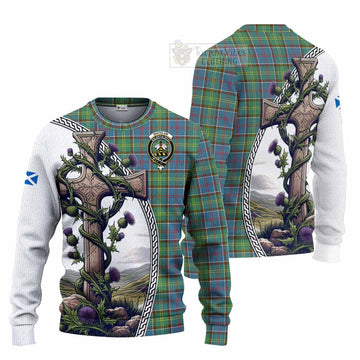 Whitelaw Tartan Knitted Sweater with Family Crest and St. Andrew's Cross Accented by Thistle Vines Unisex - Tartan Vibes Clothing