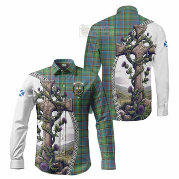 Whitelaw Tartan Long Sleeve Button Shirt with Family Crest and St. Andrew's Cross Accented by Thistle Vines Men's Shirt S - Tartan Vibes Clothing
