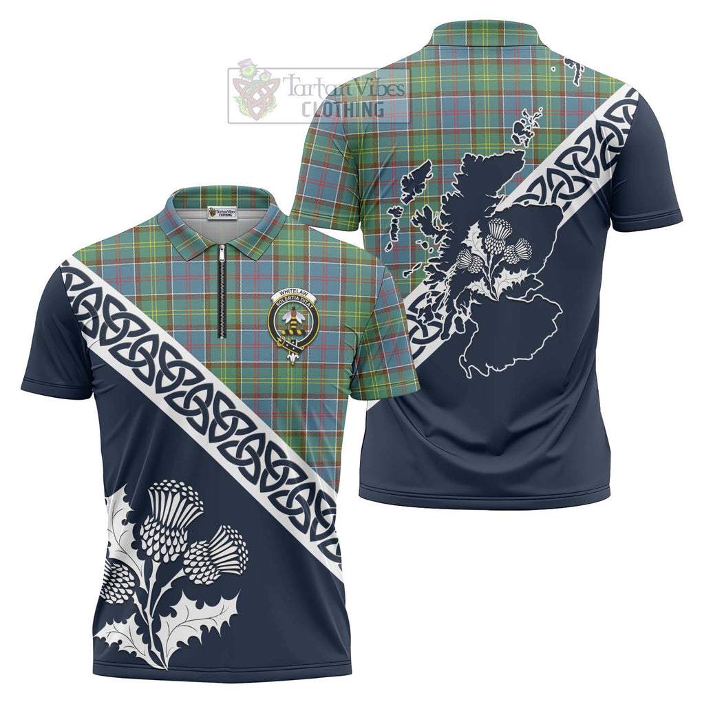 Whitelaw Tartan Zipper Polo Shirt Featuring Thistle and Scotland Map Unisex - Tartanvibesclothing Store