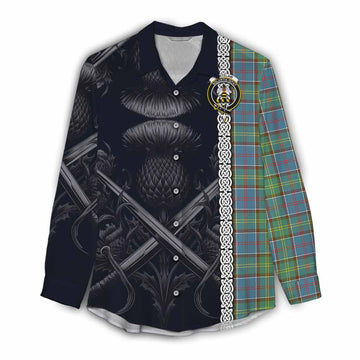 Whitelaw Tartan Women's Casual Shirt with Family Crest Cross Sword Thistle Celtic Vibes Female - Tartan Vibes Clothing