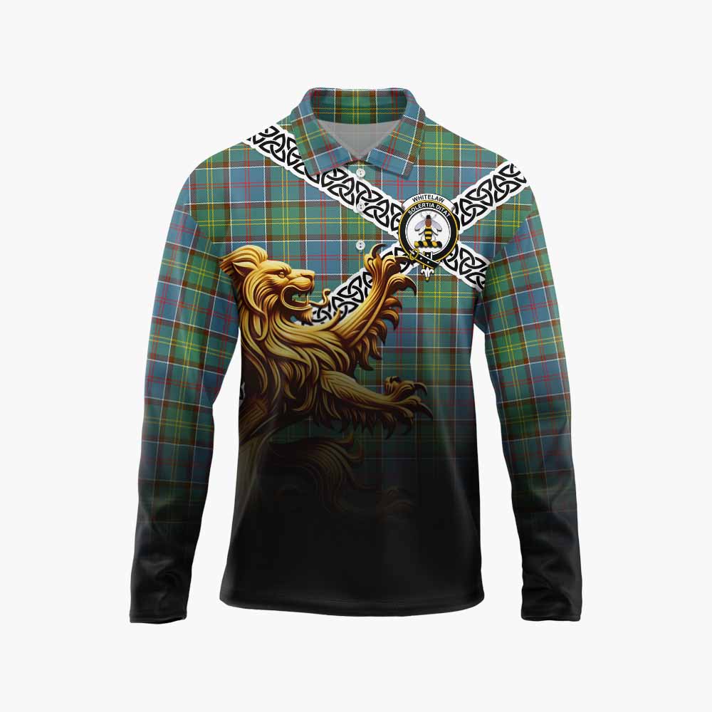 Whitelaw Crest Tartan Long Sleeve Polo Shirt with Golden Lion Emblem Celtic Style Unisex - Tartan Vibes Clothing